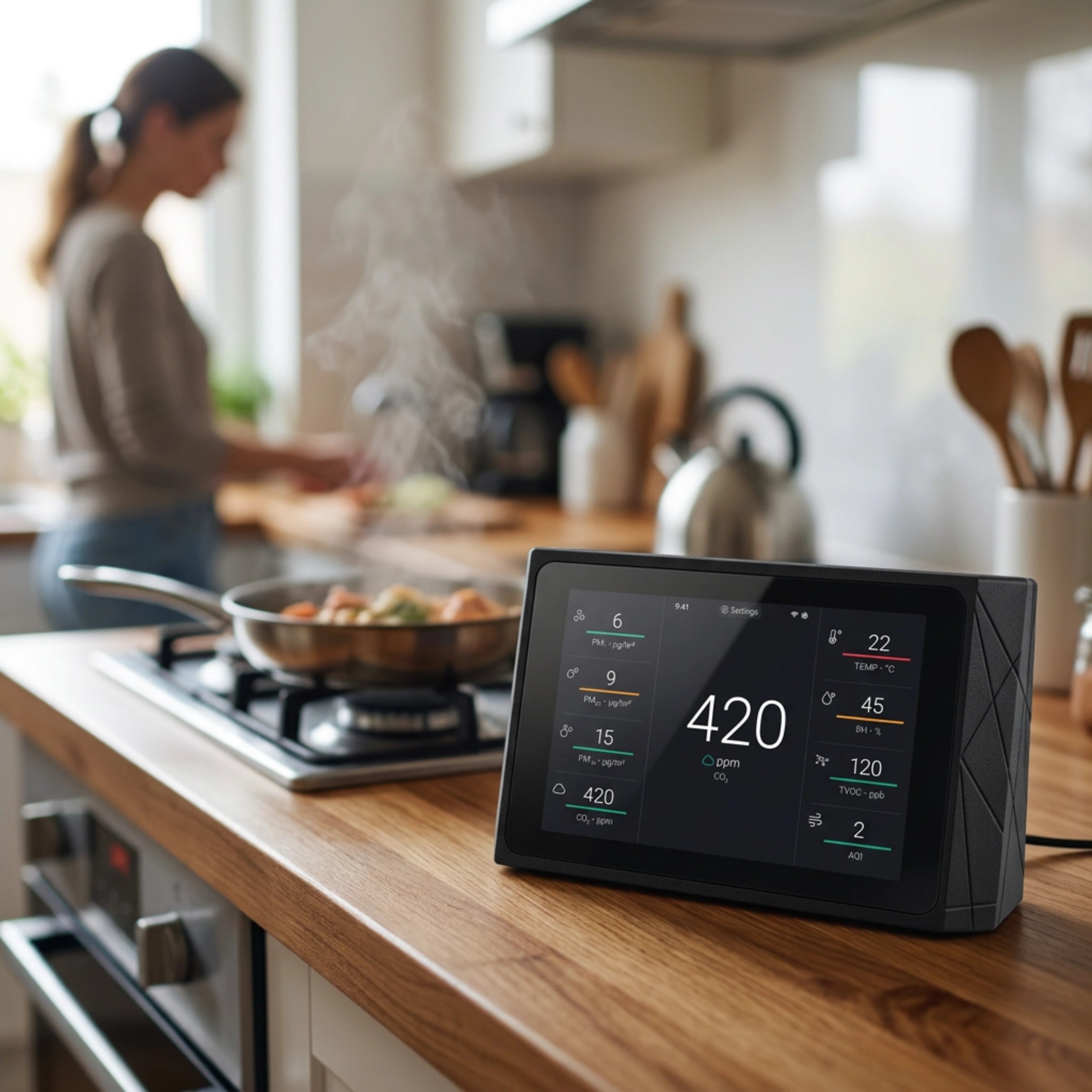 Indoor Air Quality Monitor for CO2, TVOC, Temp, Humidity, PM1, PM2.5, PM10, AQI