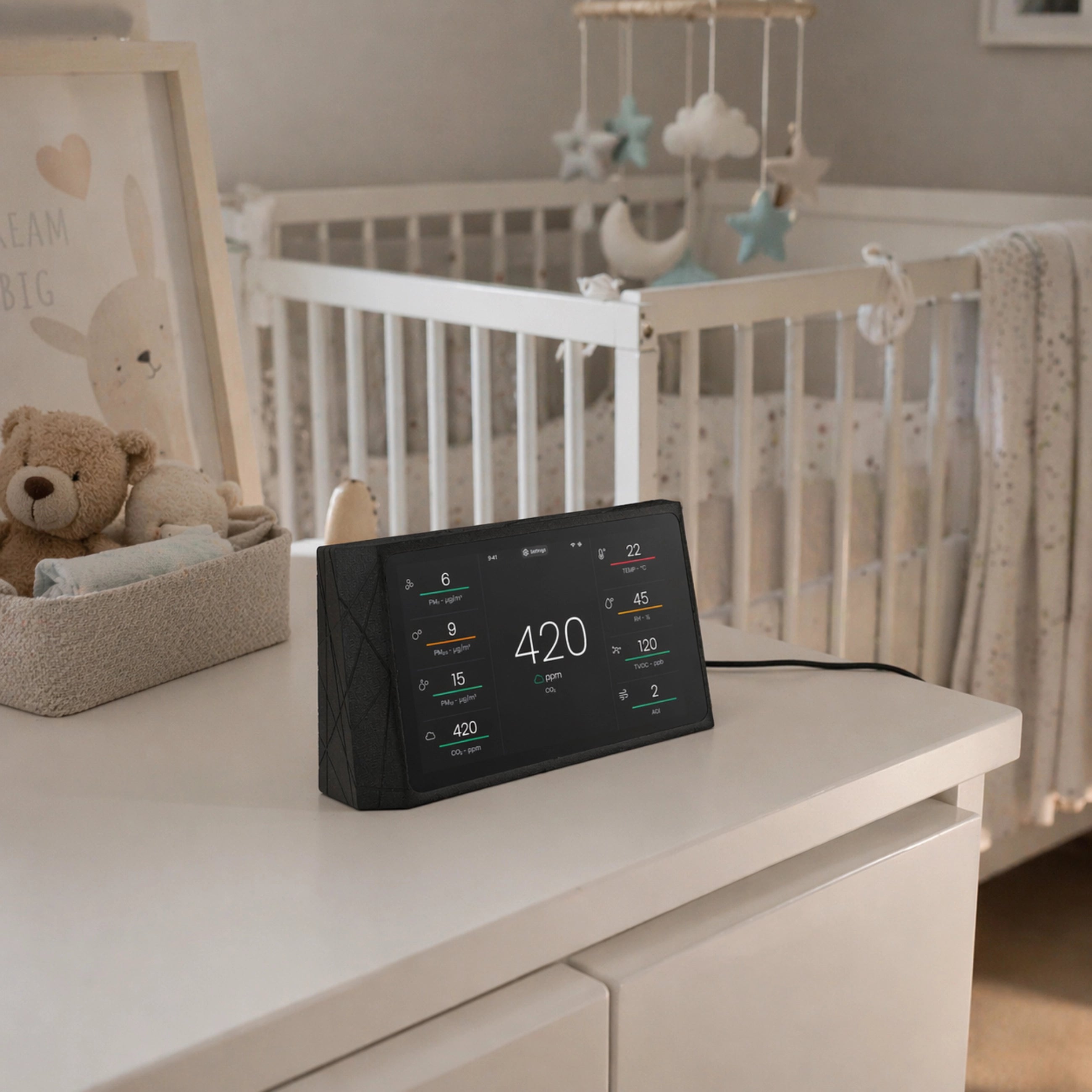 Indoor Air Quality Monitor for CO2, TVOC, Temp, Humidity, PM1, PM2.5, PM10, AQI