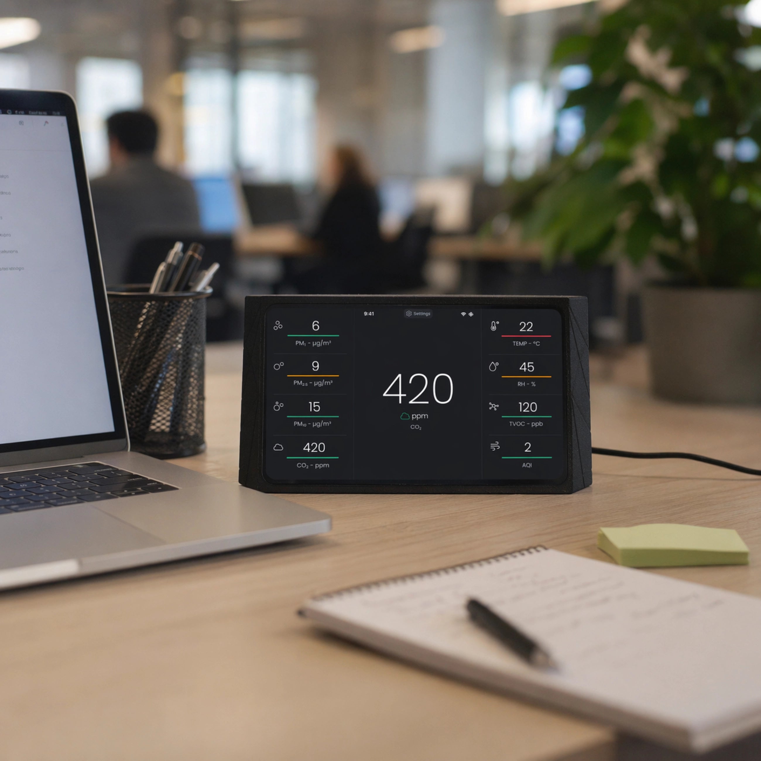 Indoor Air Quality Monitor for CO2, TVOC, Temp, Humidity, PM1, PM2.5, PM10, AQI