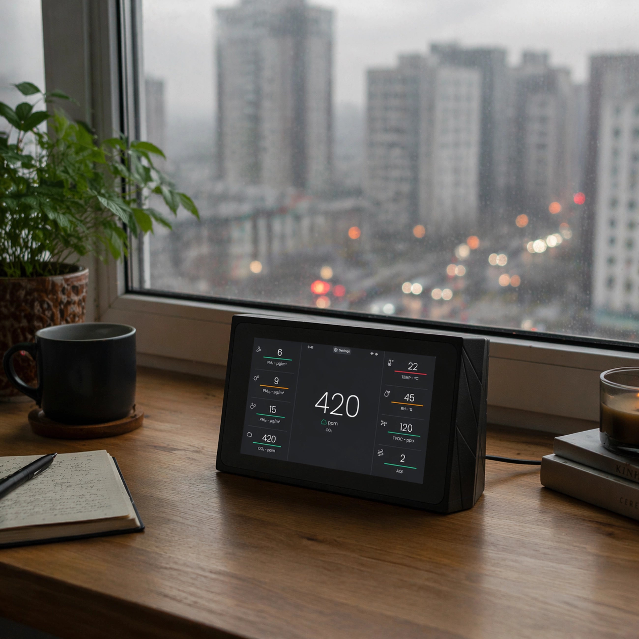 Indoor Air Quality Monitor for CO2, TVOC, Temp, Humidity, PM1, PM2.5, PM10, AQI