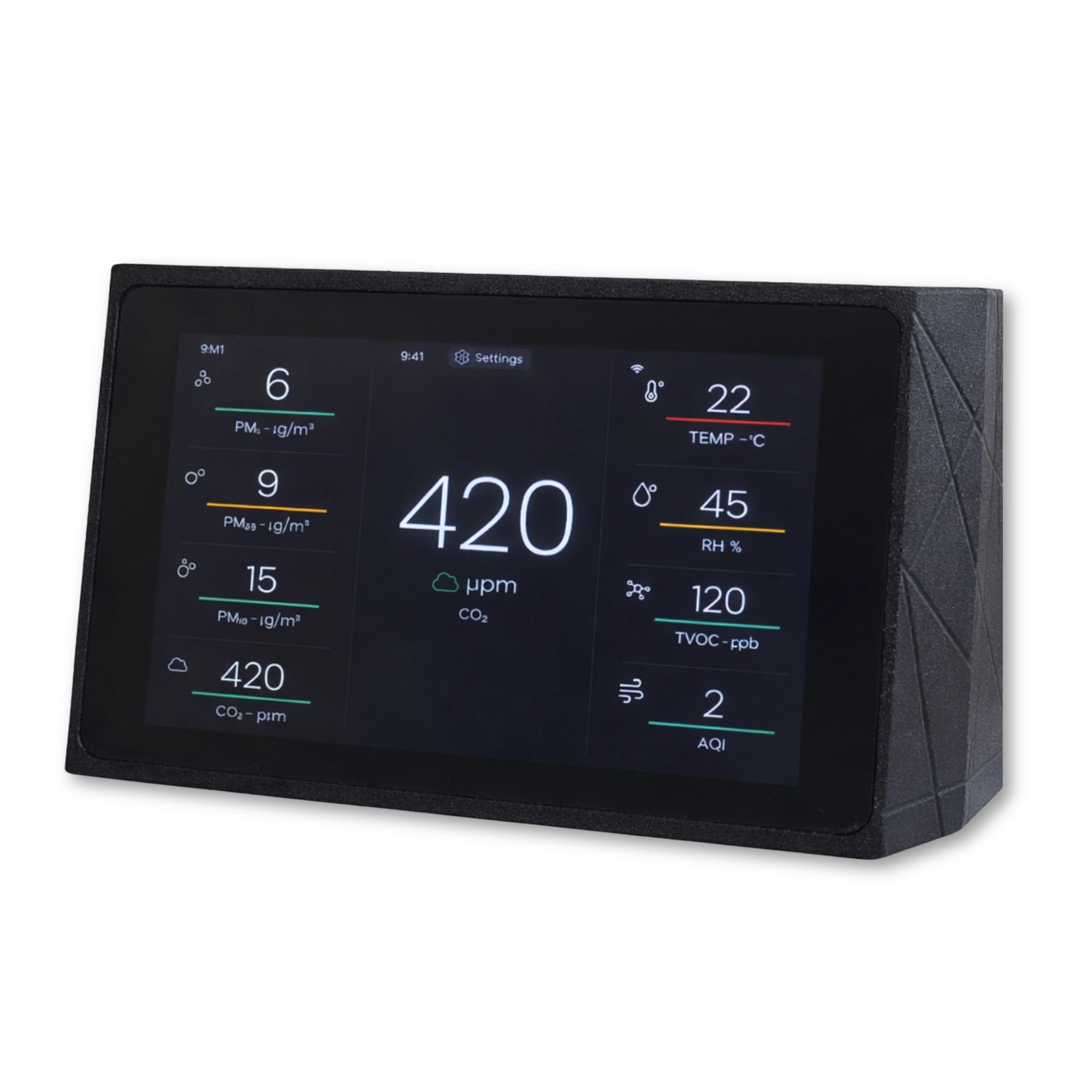 Indoor Air Quality Monitor for CO2, TVOC, Temp, Humidity, PM1, PM2.5, PM10, AQI