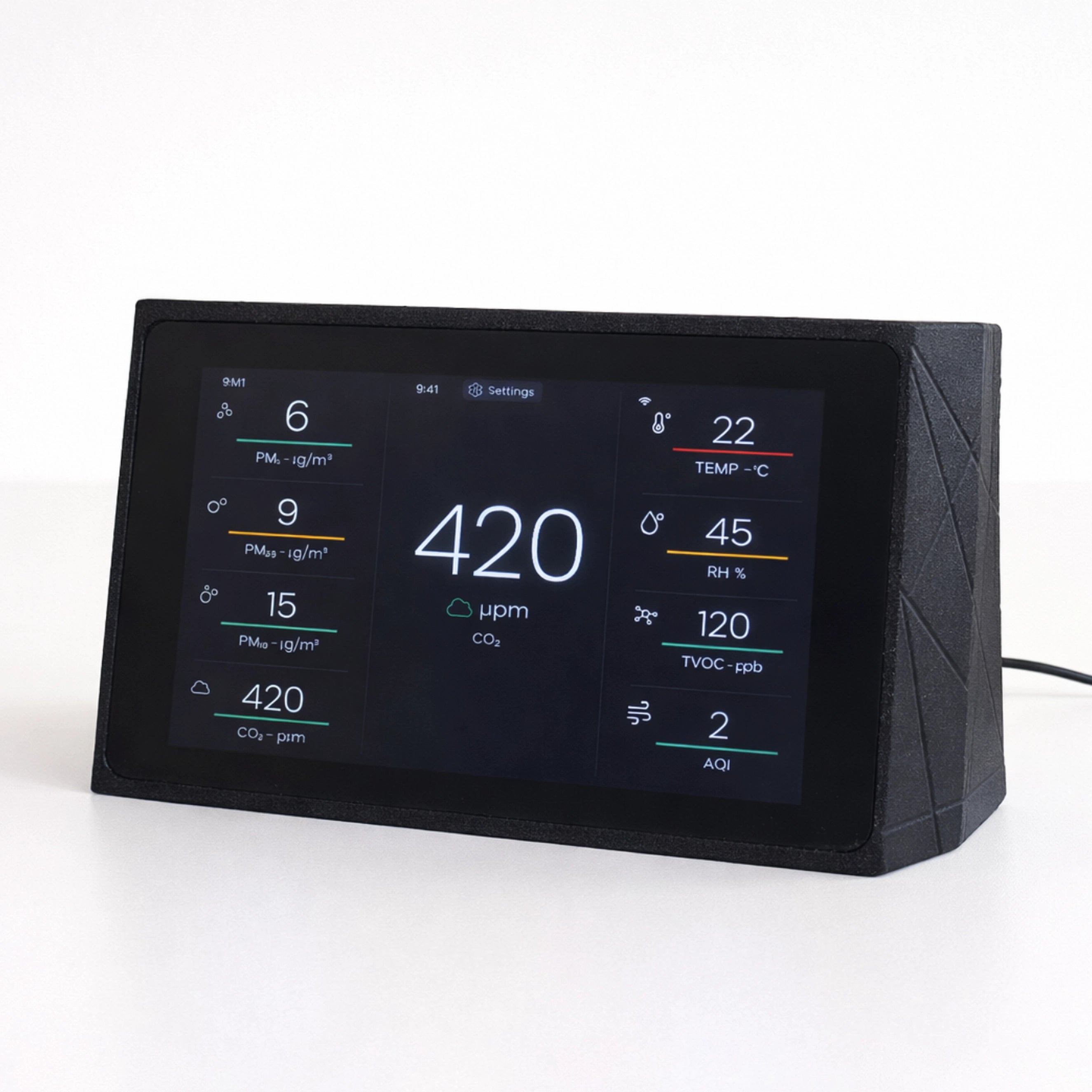 Indoor Air Quality Monitor for CO2, TVOC, Temp, Humidity, PM1, PM2.5, PM10, AQI