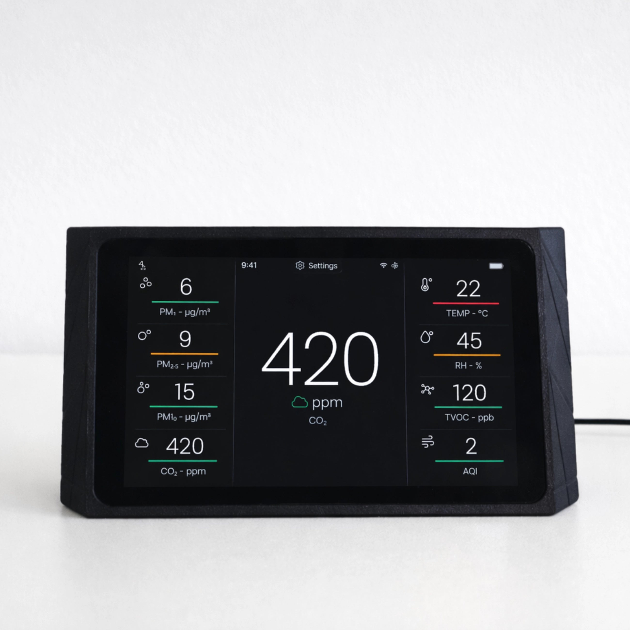 Indoor Air Quality Monitor for CO2, TVOC, Temp, Humidity, PM1, PM2.5, PM10, AQI