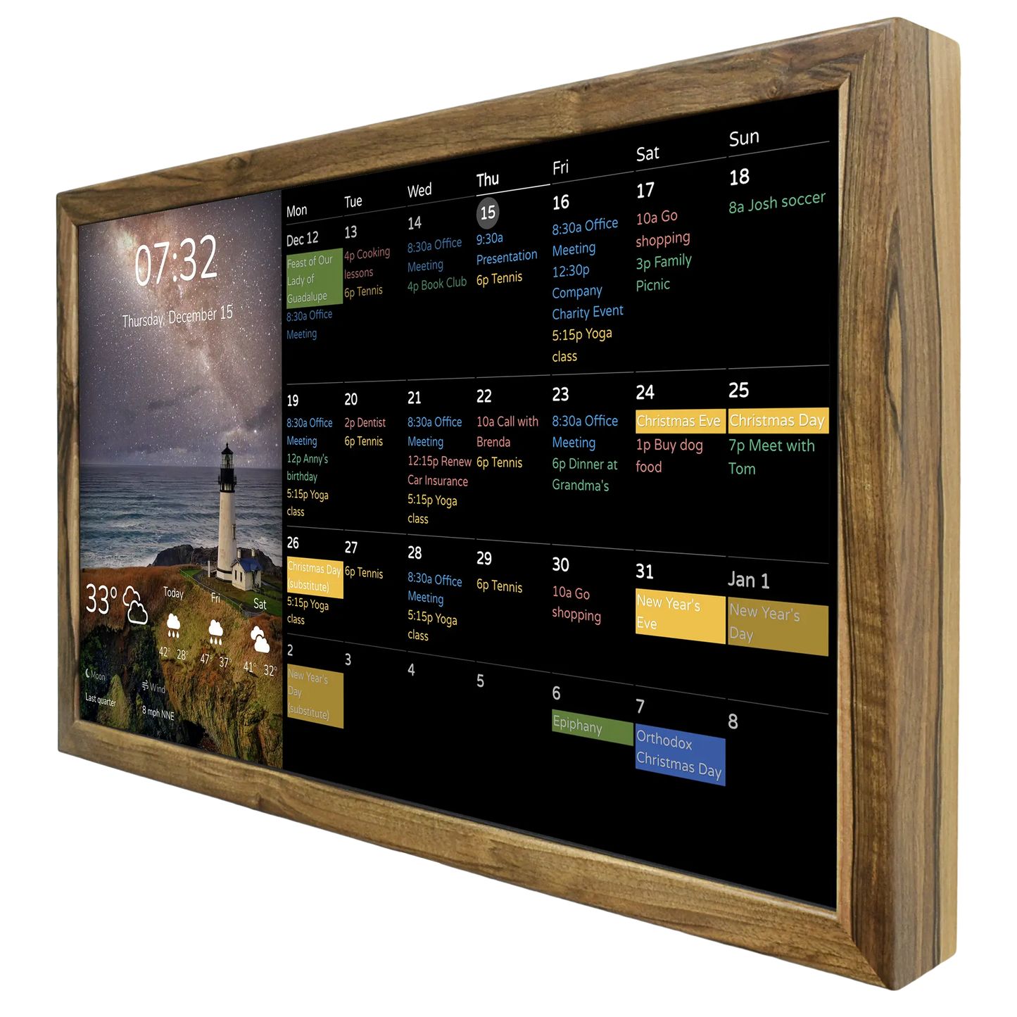 Slimme wandkalender 32 inch in houten frame 